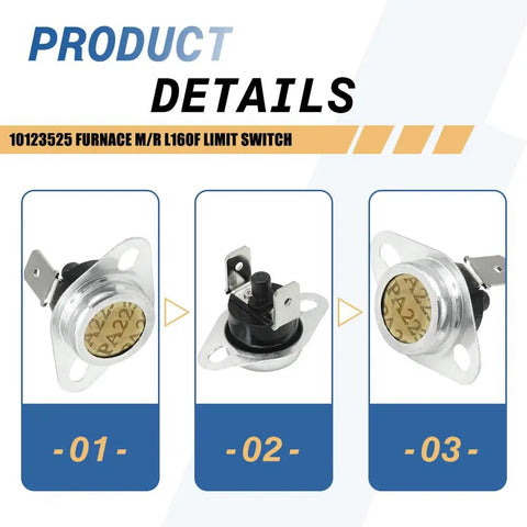 Two Pack Furnace Limit Switch M R L160F 10123525 Manual Reset 160 Degree Safety Switch For HVAC Heating Systems Ideal Replacement For DIY Or Pro Installations product details image featuring three switches in a row.