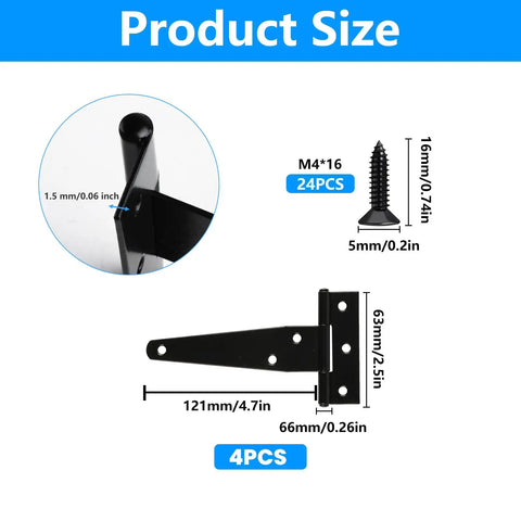 Diagram of 4 Inch T Strap Hinges Heavy Duty Outdoor Black Gate Hinges For Shed Doors Barn Doors detailing dimensions