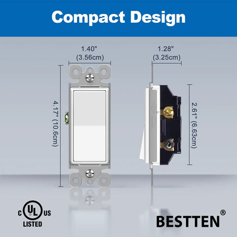 Three Way Decorator Light Switch White Finish 15 Amp 120 277 Volt Single Pole Or Three Way Rocker Paddle Wall Switch with dimensions
