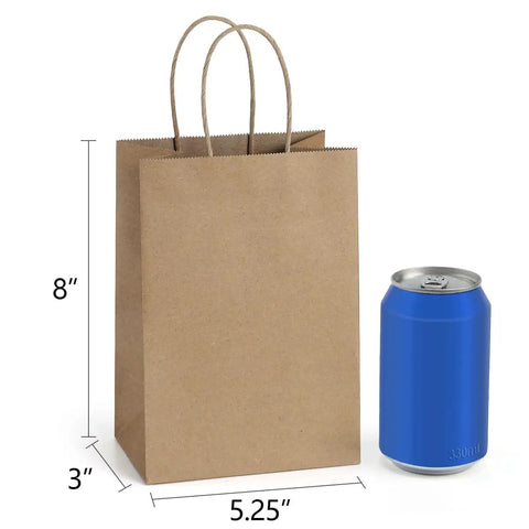 Eco Friendly Kraft Paper Gift Bags With Handles 100 Pack 5.25x3x8 Inches Small Brown Paper Sacks For Small Biz Retail Merchandise Wedding Party Favor next to soda can for size comparison.