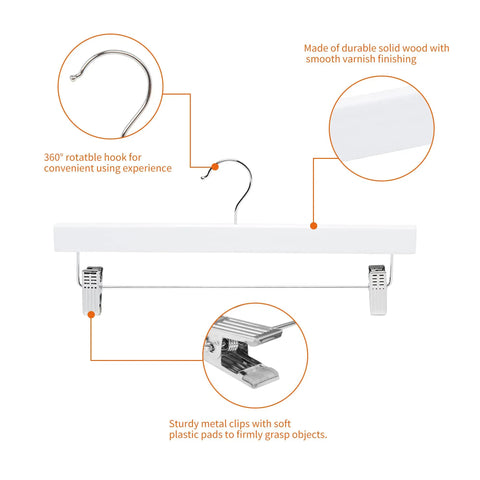 Solid Construction Wooden Pants And Skirt Hangers With Secure Grip Clips 10 Pack White Closet Organizer System To Keep Your Look Fresh And Your Setup Locked In