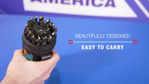 Hand holding Killer Force 25 Piece Metric Drill Bit Set In Round Case Jobber Length Heavy Duty High Speed Steel Bits For Metal Wood Plastic Sizes 1mm To 13mm In 0.5mm Increments Drill America KFD Series ZMKFD4025PC.