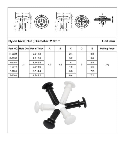 Rock Solid Nylon R Type Expansion Rivets For Circuit Boards in black and white, 2.0mm diameter for quick panel mounting.