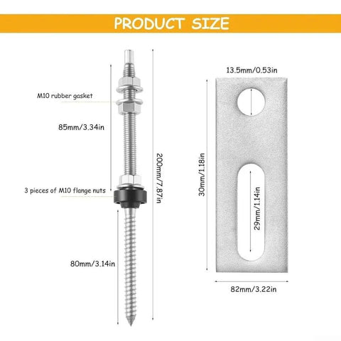 Product size illustration of Rock Solid Solar Panel Mounting Fastener Kit with stainless screws and support plates.