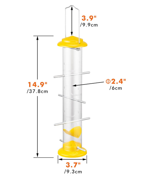 Outdoor Finch Feeder For Nyjer Thistle Seed, 14 Inch Tube Bird Feeder With 12 Feeding Ports And 8 Perches, Yellow Finish
