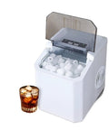 High Performance Countertop Ice Maker Portable With Built In Storage Bin For Rapid Ice Cubes Kitchen Home Bar Entertainment RV Camper Travel Compact Self Contained Unit Energy Efficient Smooth Chill Results with ice cubes and drink.