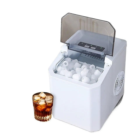 High Performance Countertop Ice Maker Portable With Built In Storage Bin For Rapid Ice Cubes Kitchen Home Bar Entertainment RV Camper Travel Compact Self Contained Unit Energy Efficient Smooth Chill Results with ice cubes and drink.