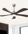 52" 5PCS Solid Wood Blades Ceiling Fan with Lights Remote Control, Nickel with dark wood blades mounted in a modern living room.