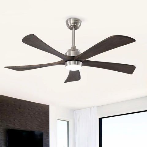 52" 5PCS Solid Wood Blades Ceiling Fan with Lights Remote Control, Nickel with dark wood blades mounted in a modern living room.