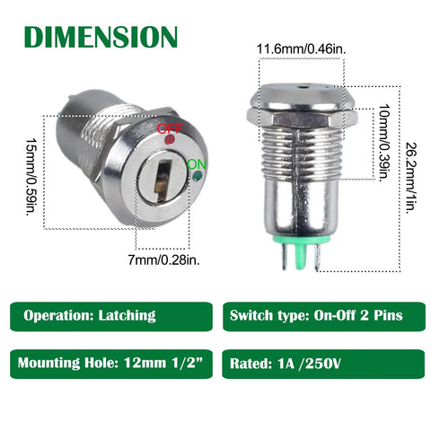 Two 12mm Metal Key Lock Switches With 2 Pins And 2 Positions Locking Latching Maintained ON OFF Switches Removable Keys dimensions