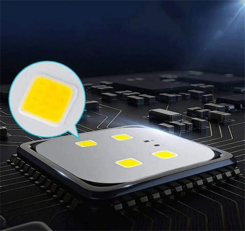 Close-up of LED chip used in Heavy Duty Industrial Floodlight Rock Solid Rechargeable Work Lamp Delivering Beast Mode Brilliance.