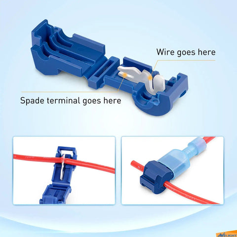 Close-up of blue connector and spade terminal for 360 Piece T Tap Wire Connectors Self Stripping Quick Splice Electrical Terminals Kit.