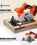 Top Shelf 5.5 Inch Cordless Circular Saw With 20V Battery And Quick Adjustable Bevel Up To 45 Degrees Comes With Rip Guide on a workbench, showcasing features.