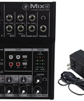 Five Channel Compact Mixer With Mad Headroom And Low Noise, Mic And Line Input, shown with power adapter, black.