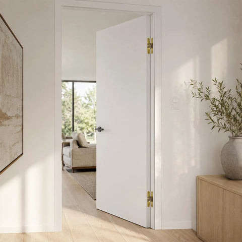 Tough As Nails Concealed Self Closing Door Hinge Satin Gold Hydraulic Adjustable Speed 180 Degree on a white door interior.