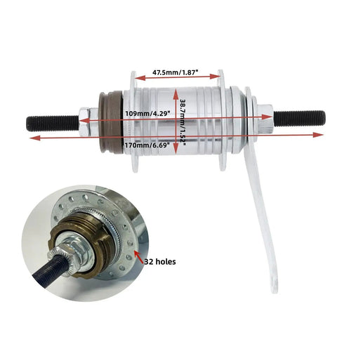 Heavy Duty Stainless Steel Bicycle Coaster Brake Rear Hub With 32 Spoke Holes For Fixed Gear Or MTB Builds, showing dimensions and 32 holes.