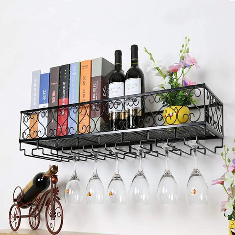 Straight Up Badass Wall Mounted Metal Wine Rack With Industrial Stemware Holder And Dual Row Bottle Organizer For Swanky Kitchen Or Home Bar Setup Black with wine bottles and glasses.