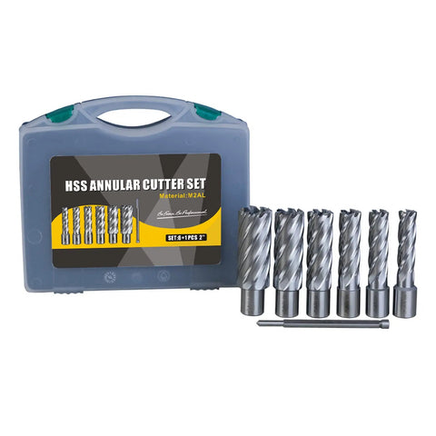 HSS Annular Cutter Set with six pieces and one two-inch cutter, designed for use with Heavy Duty 1500W Magnetic Drill Press.