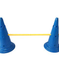 Dog Cone And Pole Agility Set For All Sizes, Adjustable Jumps, blue cones with yellow pole, backyard training hurdles