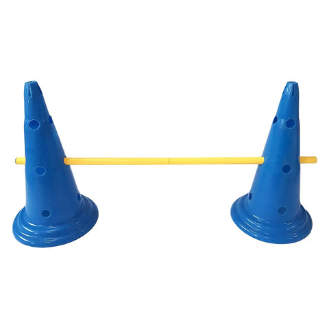 Dog Cone And Pole Agility Set For All Sizes, Adjustable Jumps, blue cones with yellow pole, backyard training hurdles