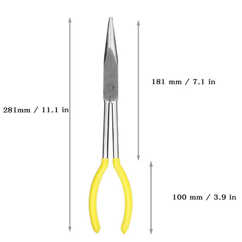 11 Inch Long Reach Needle Nose Pliers With Milled Jaws For Mechanics Technicians And Contractors, extra long steel jaws, yellow handle