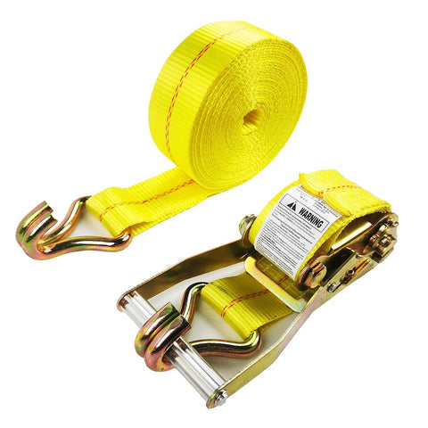 Yellow 2 Inch By 27 Feet Ratchet Strap Tie Downs With J Hook Ends, Pro Grade Heavy Duty Cargo Straps for Trucks, Trailers, Flatbeds And Car Transport, 10,000 Lb Capacity, Non Scratch, Secure Load