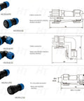 9 Pin Outdoor Waterproof Circular Electrical Connector Set With Threaded Angled Plug And Panel Socket For Industrial Power, Rugged And Reliable, Weatherproof, Male And Female, 12-15mm Cable, 14AWG. HE2910 and HE2918 connector set with dimension drawing