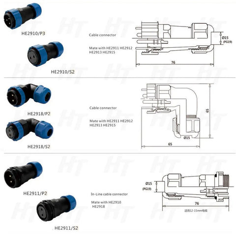 9 Pin Outdoor Waterproof Circular Electrical Connector Set With Threaded Angled Plug And Panel Socket For Industrial Power, Rugged And Reliable, Weatherproof, Male And Female, 12-15mm Cable, 14AWG. HE2910 and HE2918 connector set with dimension drawing