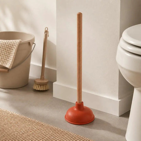 Six Inch Red Rubber Plunger With Sturdy Wood Handle Built For Light Duty Bathroom Drain And Toilet Jobs That Knock Out Stubborn Clogs Without Any Drama in bathroom setting.