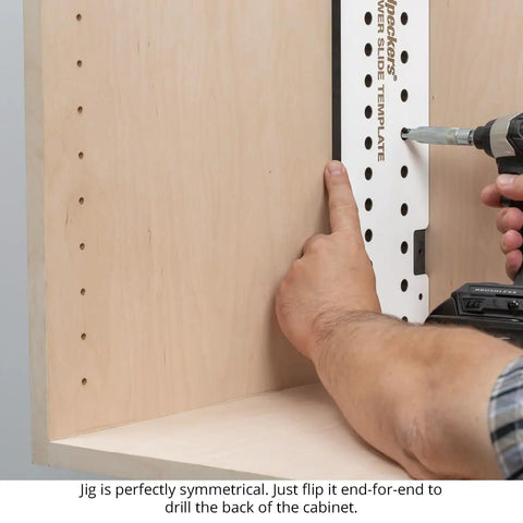 Precision Shelf Pin Drilling Template Slides In Smooth For Dead On Accuracy On Face Frame And Frameless Cabinets With Indexed Guides To Nail Perfect Spacing Every Single Time SPT2 being used to drill shelf pin holes.