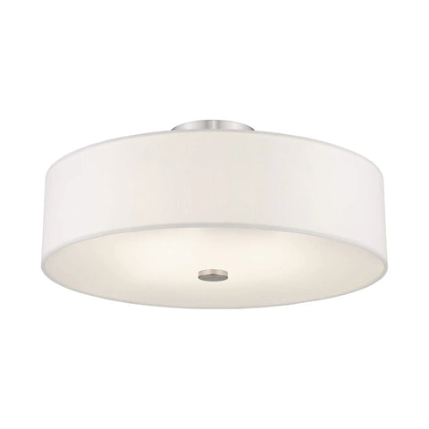 Meridian Collection 4 Light Semi Flush Mount Ceiling Fixture With Off White Fabric Hardback Drum Shade And Brushed Nickel Finish