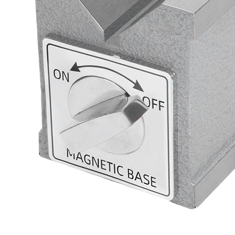 Close-up of Eminchu Magnetic V Block With Switch, showing the ON/OFF switch for magnetic base functionality.