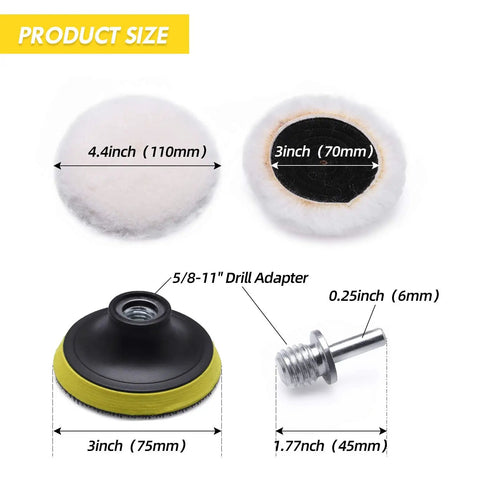 Dimensions of Top Notch Wool Buffing And Cutting Pad Set 3 Inch 80mm Lambs Wool Drill Pads with Hook and Loop for polishing.