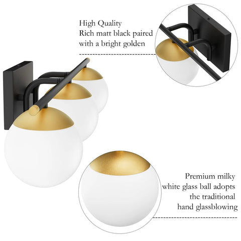 Three Light Mid Century Modern Vanity Light With Sleek Dope Black And Gold Finish And Milky Glass For Bathroom, side view