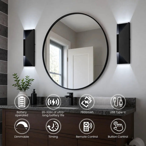 Nsleaiy Wireless Wall Sconces Set of Two, Rechargeable Wall Lights mounted in a modern bathroom with round mirror.