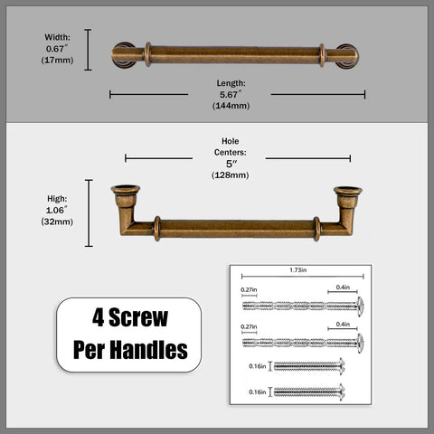 Dimensions of 10 Pack Antique Brass Cabinet Pulls, 5 Inch Length, Heavy Duty Zinc Alloy Drawer Handles for Kitchen Cabinets