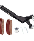 Heavy Duty Belt Sander Attachment Bracket Compatible With 100Mm And 125Mm Angle Grinders details showing black steel frame, six grit belts and accessories.
