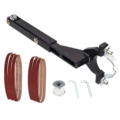 Heavy Duty Belt Sander Attachment Bracket Compatible With 100Mm And 125Mm Angle Grinders details showing black steel frame, six grit belts and accessories.