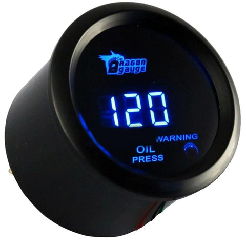 Dragon Gauge 2-inch digital oil pressure gauge for automotive use with blue LED display, front view