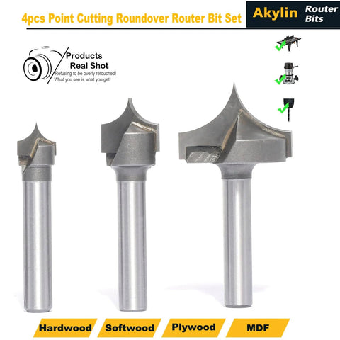 Three steel router bits from the Four Piece One Quarter Inch Shank Roundover Plunge Router Bit Set with varying cutting diameters.