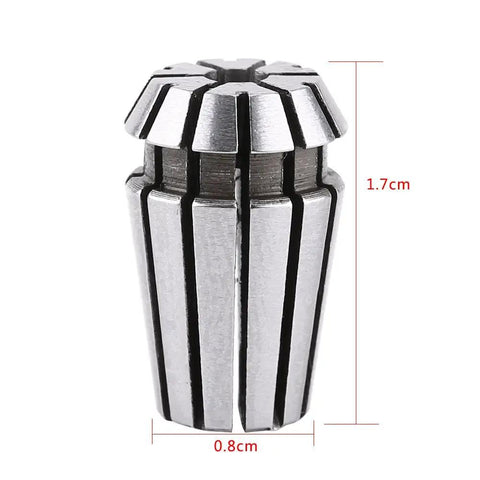 Three Piece CNC Collet Set For Lathe And Milling One Eighth Inch Four Millimeter And Six Millimeter Spring Collets For Engraving And Workholding ER11 Compatible Pro Grade Precision With Ultra Low Runout, close-up of a single collet with dimensions showing 1.7cm height and 0.8cm width.