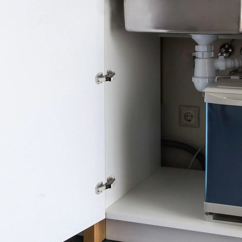 Two Pack Soft Close Hidden Cabinet Hinges Surface Mount for kitchen cabinets installed inside under-sink cupboard