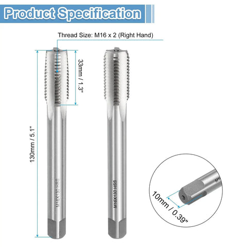 M16 X 2 Metric Hand Tap Set Pro Grade HSS High Speed Steel Taper And Bottom Taps for threading, 130mm length, front view