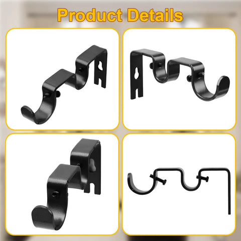 Double Curtain Rod Bracket Set, 6 Pack Metal Wall Mount Holders for 1 Inch Curtain Rods, Heavy Duty Black Brackets