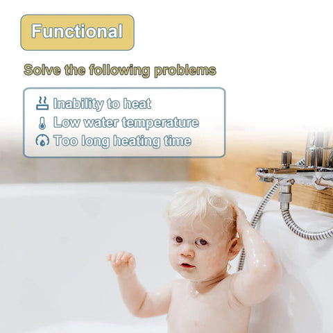 Child in bathtub with text about electric water heating solutions