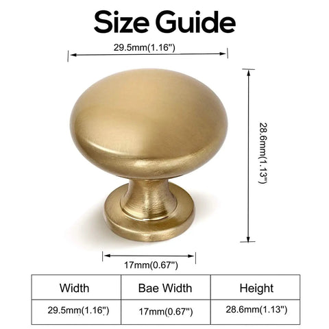 Size guide for Six Pack Solid Zinc Alloy Cabinet Knobs 1.2 Inch Diameter Warm Gold Champagne Bronze Antique Brass Euro Style Dresser Knobs.