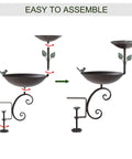 Dual Bowl Bird Bath For Deck Railing And Balcony Feeder shows easy assembly steps with powder coated steel components.