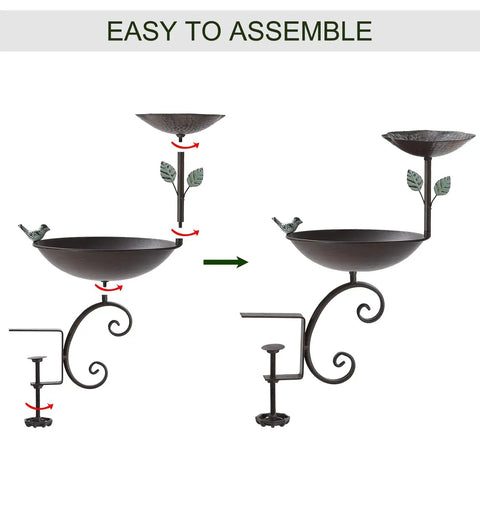 Dual Bowl Bird Bath For Deck Railing And Balcony Feeder shows easy assembly steps with powder coated steel components.