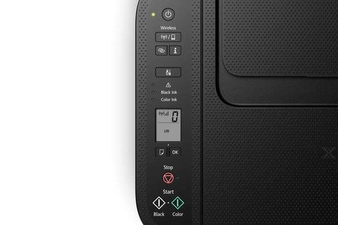 Slick Wireless All In One Home Office Printer Scanner Copier control panel features buttons for wireless, start, and ink selection.