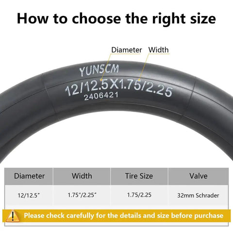 Two Pack Heavy Duty Bike Inner Tubes 12/12.5 Inch Compatible With 12x1.75–2.25 And 12 1/2 X 2 1/4 Inch Schrader Valve AV 45/57-203 size guide
